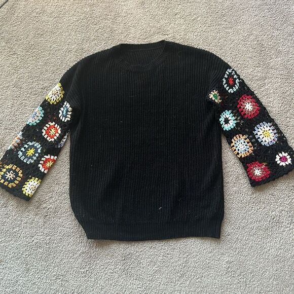 SHEIN Colorful Crochet Sleeve Black Sweater - Picture 2 of 8